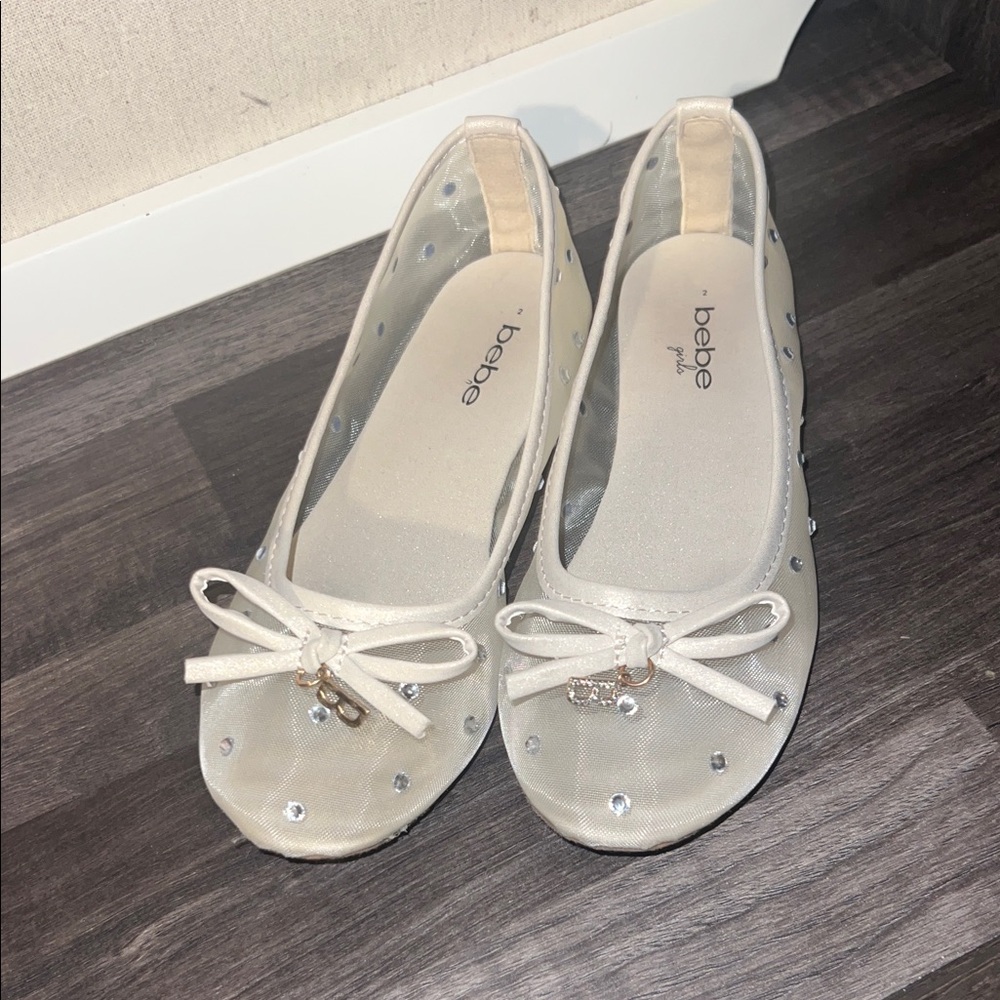 bebe Ivory Mesh Ballet Flats with Bow and Crystal Charms